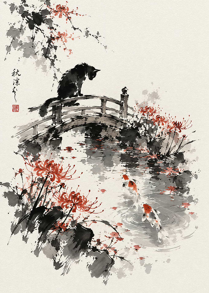 Cat Watching Koi Fish Ink Painting