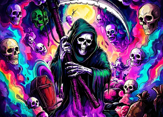 Psychedelic Grim Reaper with Skulls