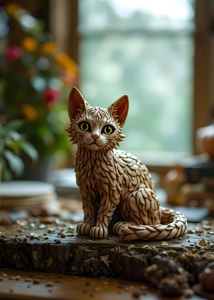 Intricate Carved Wooden Cat Figurine