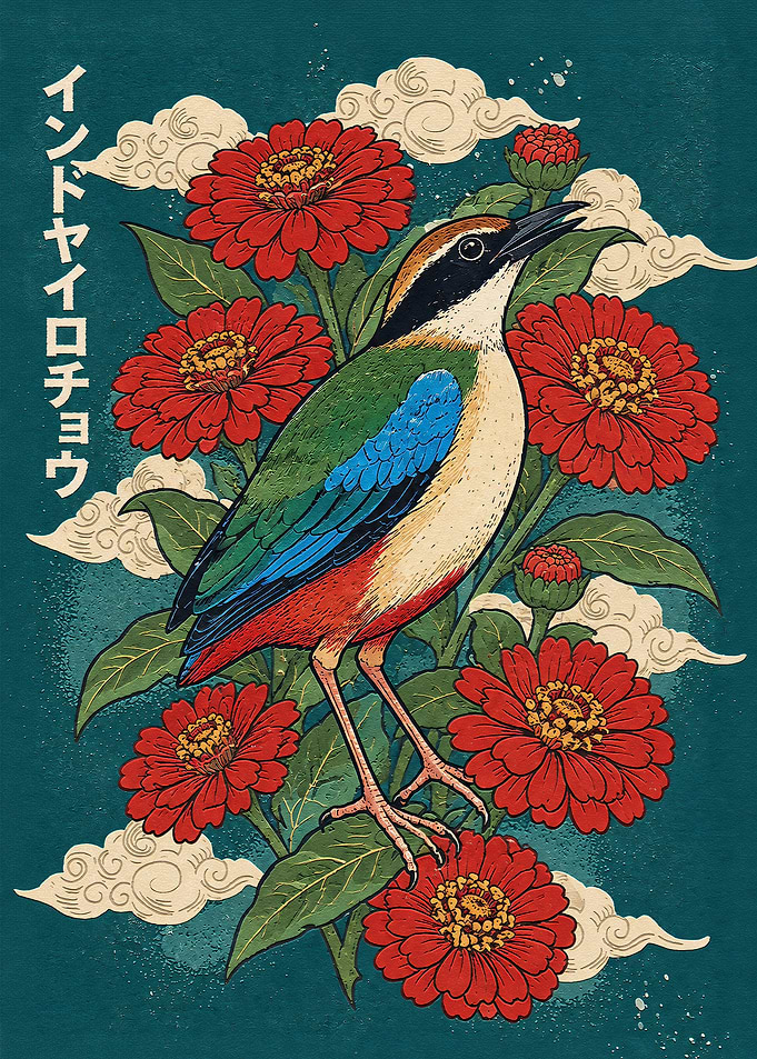 Japanese Style Bird and Zinnia Illustration