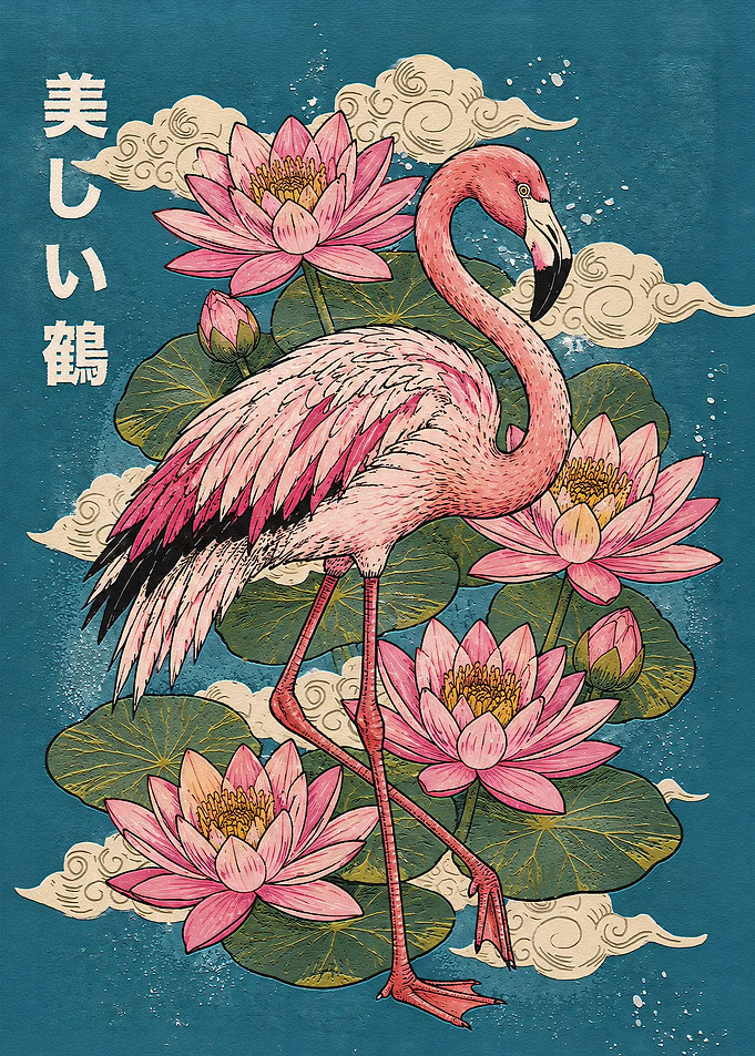 Japanese Style Flamingo and Lotus Art