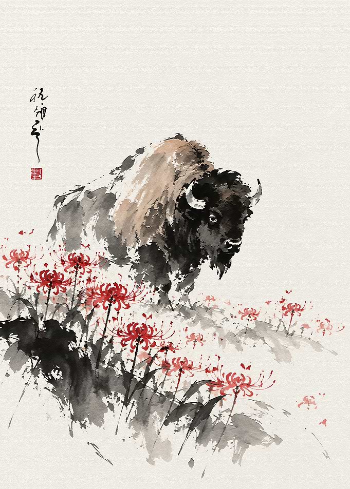 Bison and Red Spider Lilies Painting