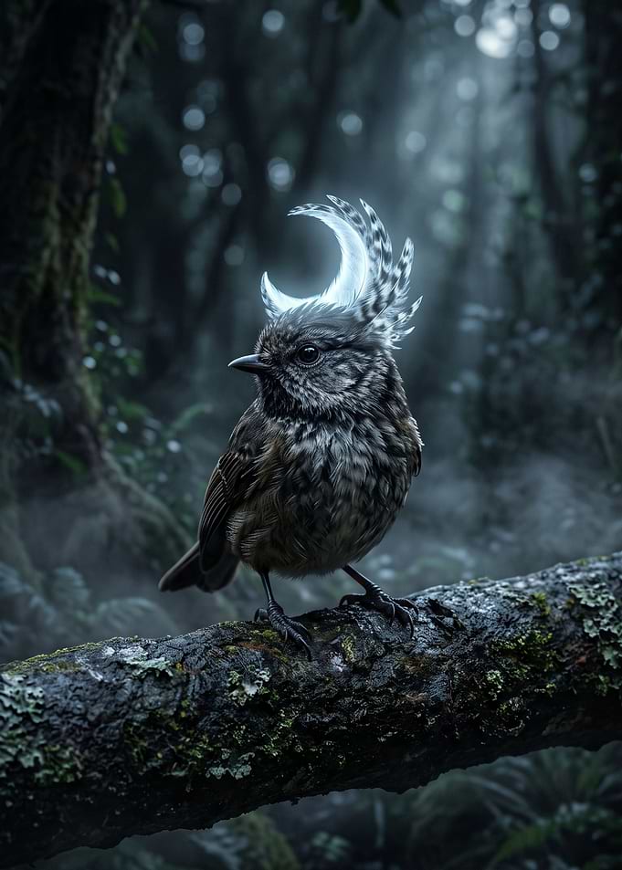 Mystical Bird with Crescent Moon Crest
