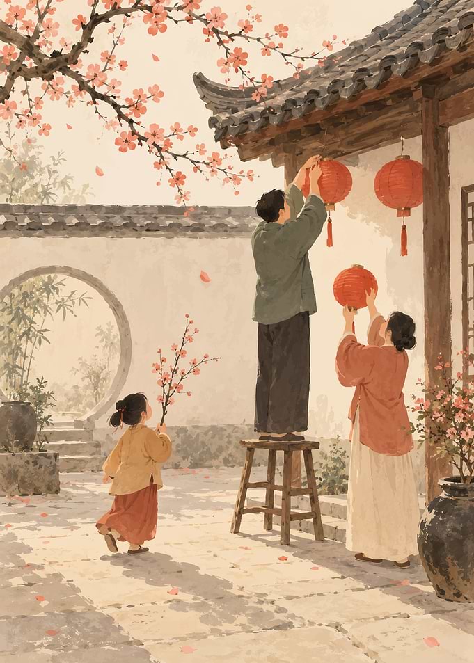 Family Decorating with Lanterns