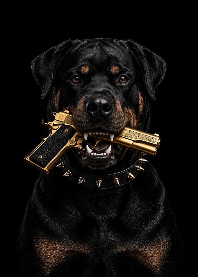 Rottweiler Holding Gold Pistol