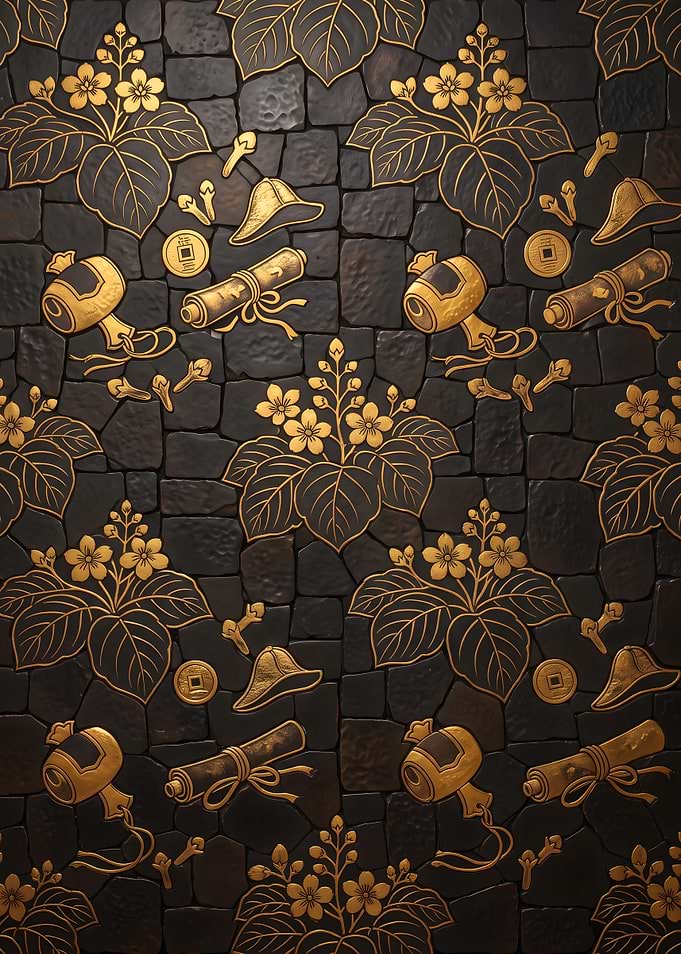 Gold Inlay Paulownia Pattern on Black Iron