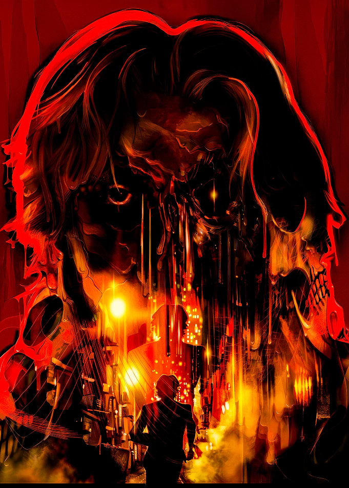 Dark Surreal Portrait with City Silhouette