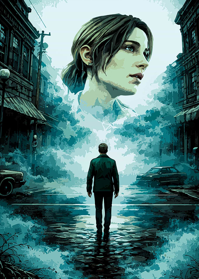 Man Facing Ghostly Woman in City