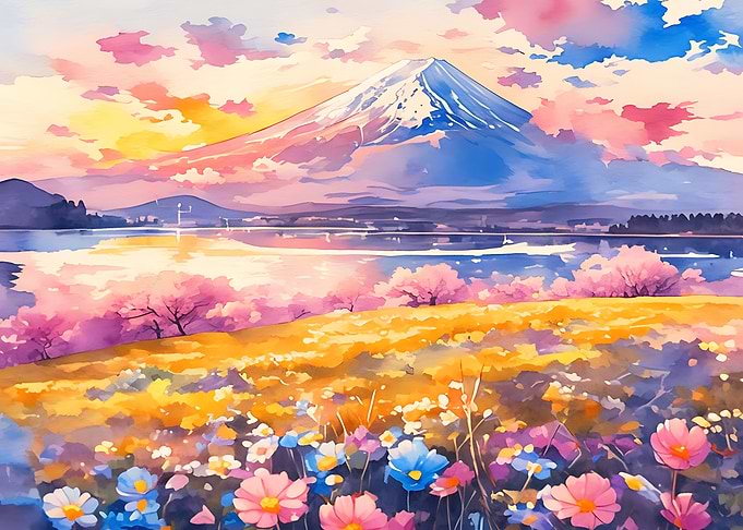 Mount Fuji Sunset Watercolor Landscape