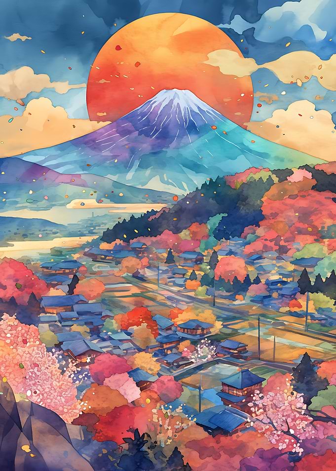 Mount Fuji at Sunset Watercolor Landscape