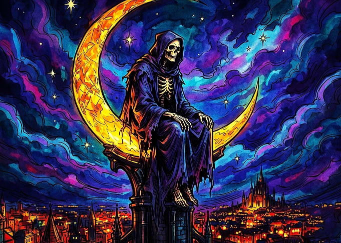 Grim Reaper Sitting on Crescent Moon