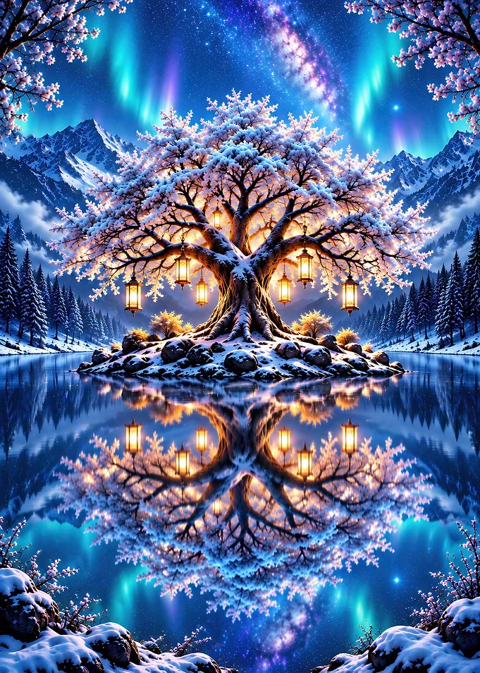 Enchanted Snowy Tree Under Aurora