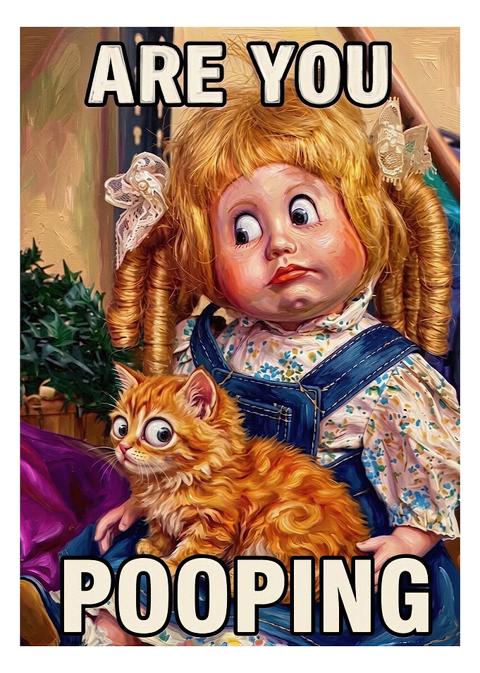 Funny Doll and Cat Meme Bathroom Humor Poster