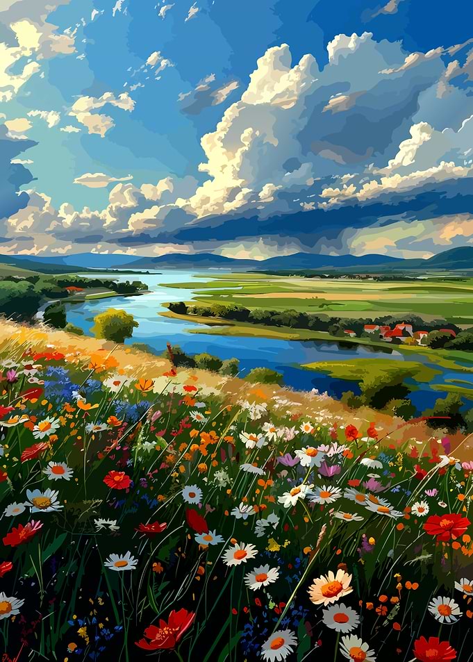 Vibrant Wildflower Meadow Overlooking River