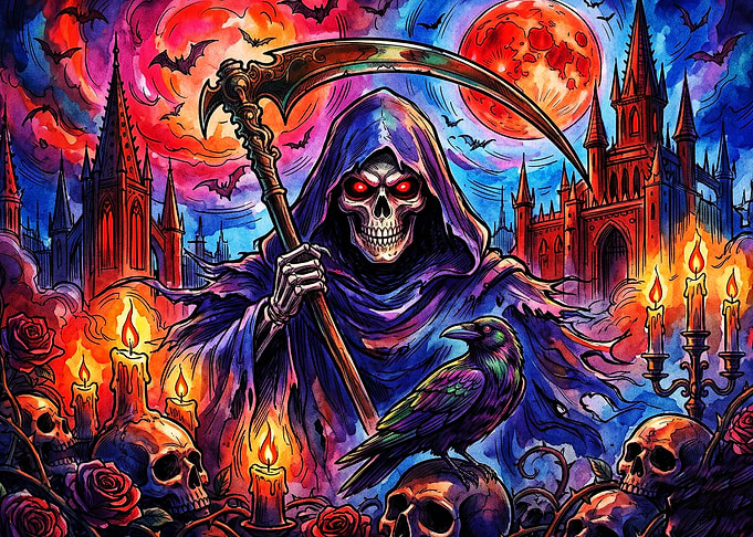 Grim Reaper with Scythe and Raven