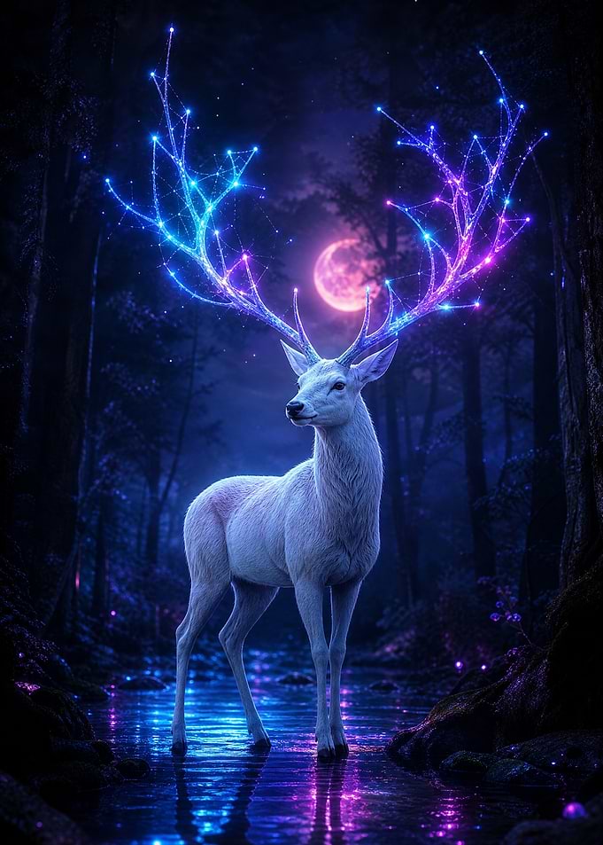 Ethereal Cosmic Deer in Enchanted Forest