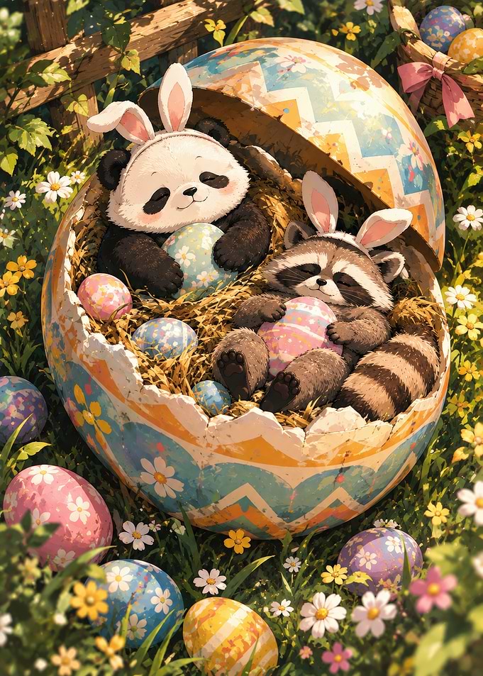 Cute Panda and Raccoon Easter Eggs