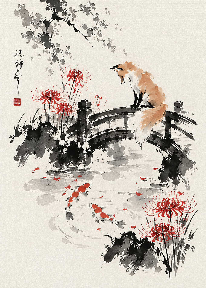 Fox on Bridge with Koi Pond