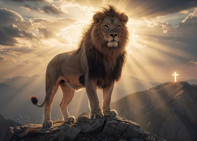 Majestic Lion Standing on Mountain Peak