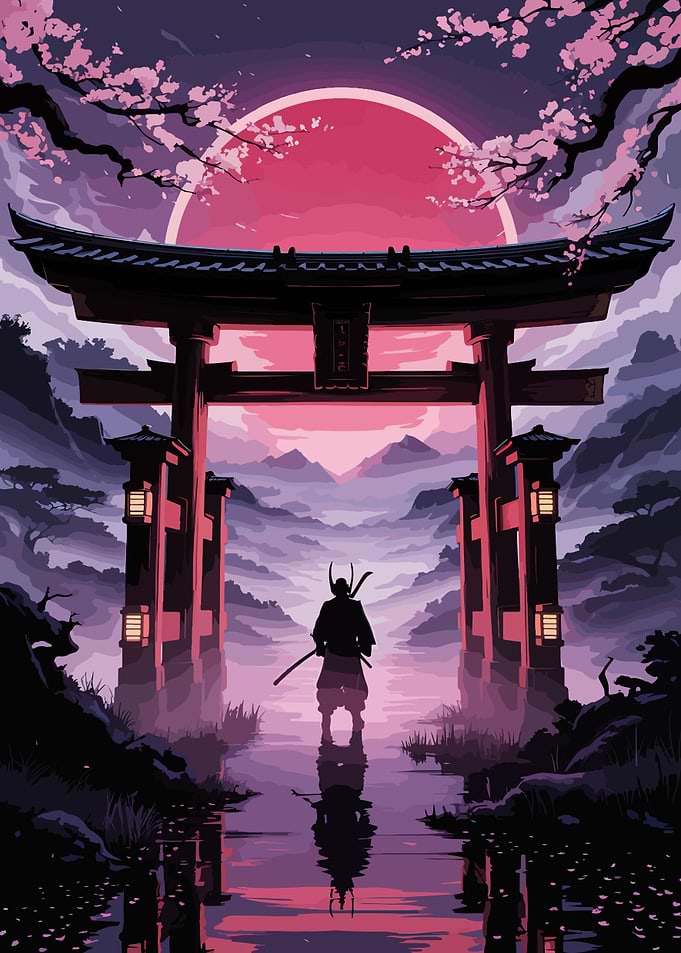 Samurai Standing Under Torii Gate