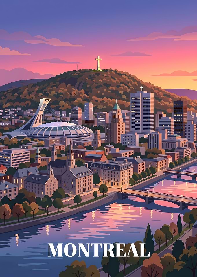 Montreal Cityscape Sunset Travel Poster