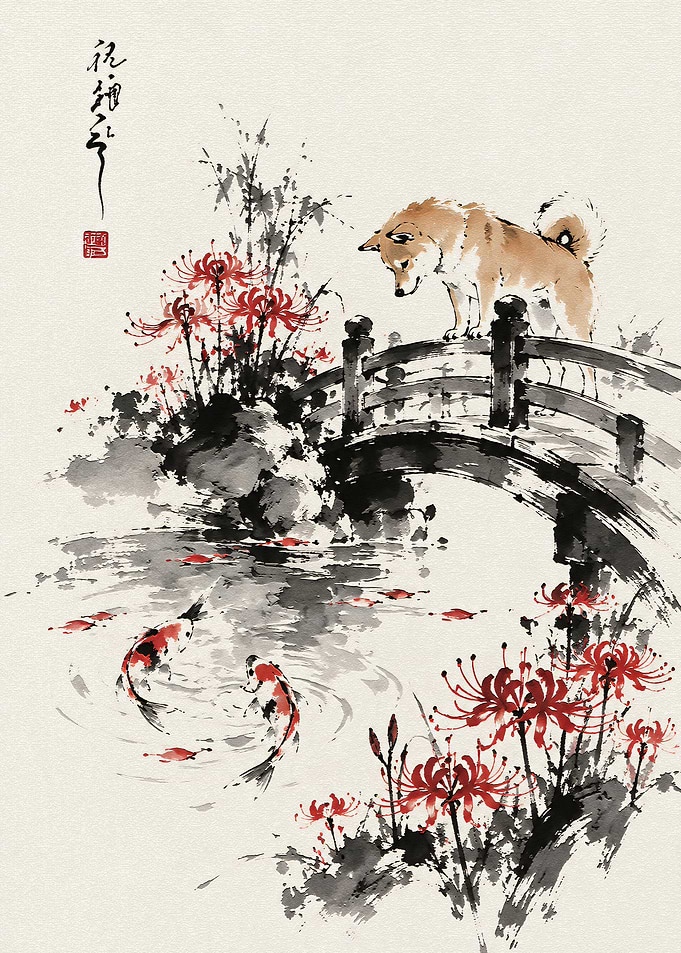 Shiba Inu on Bridge with Koi