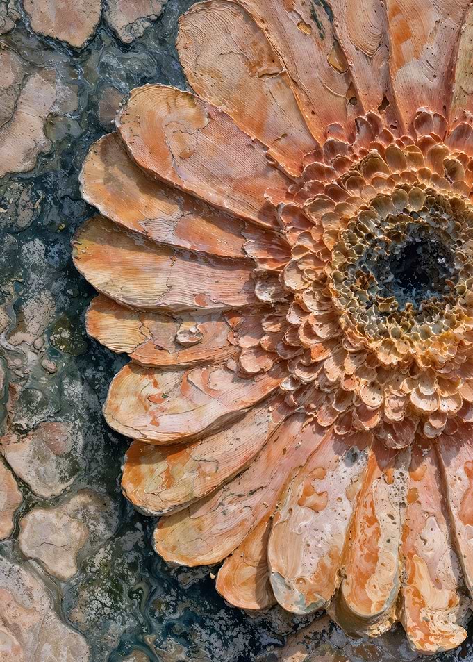 Peach Gerbera Daisy Against Dark Marbled Texture