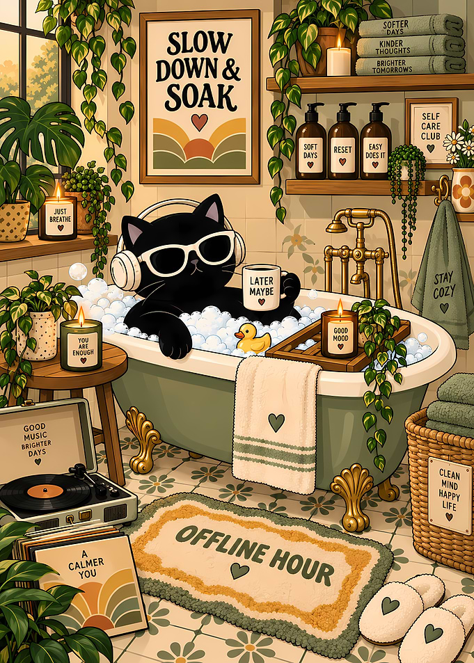 Cozy Black Cat Bathing Illustration