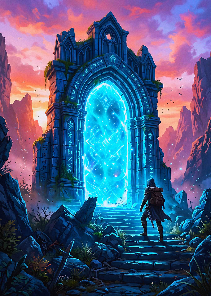 Adventurer Approaching a Magical Portal