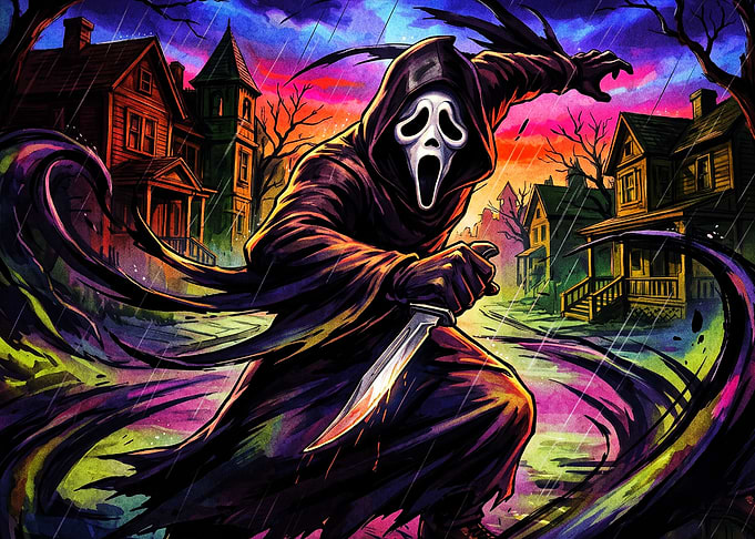 Ghostface Killer in Rainy Neighborhood