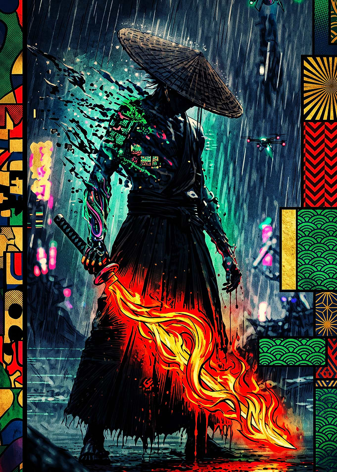 Cyberpunk Samurai with Flaming Katana