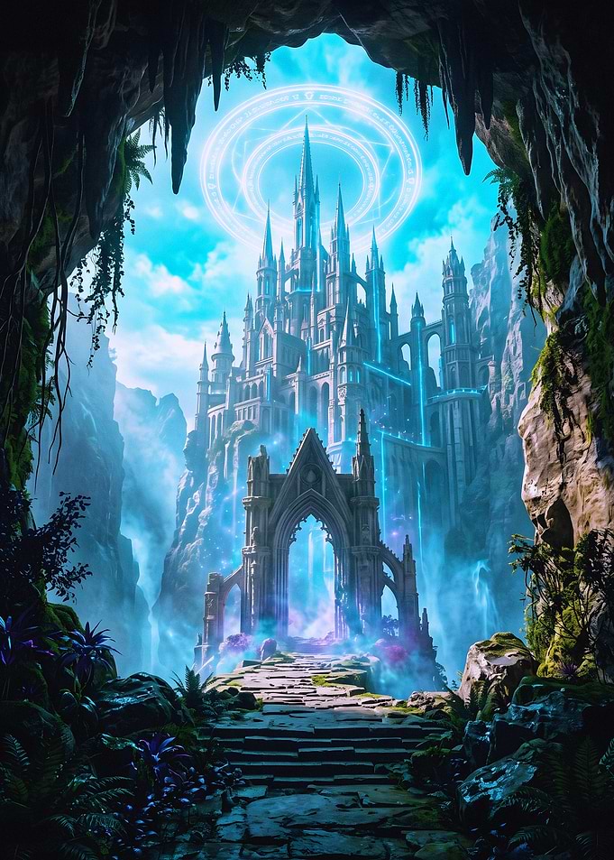 Magical Castle Through Cave Archway