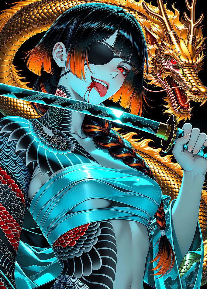 Anime Girl with Dragon and Katana