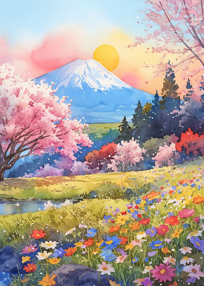 Mount Fuji and Cherry Blossoms Landscape