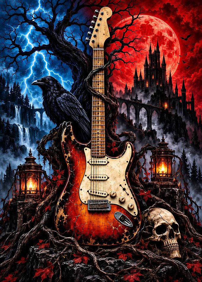 Gothic Electric Guitar and Raven Art