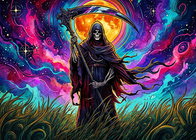 Grim Reaper in Psychedelic Cosmic Field