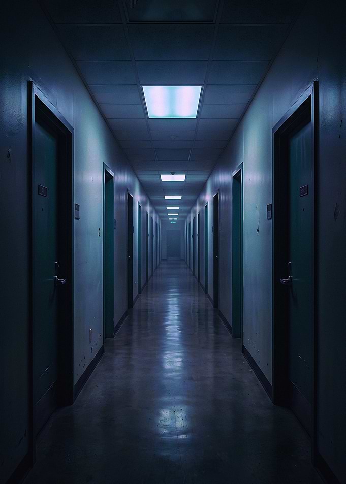 Eerie Dimly Lit Hospital Hallway