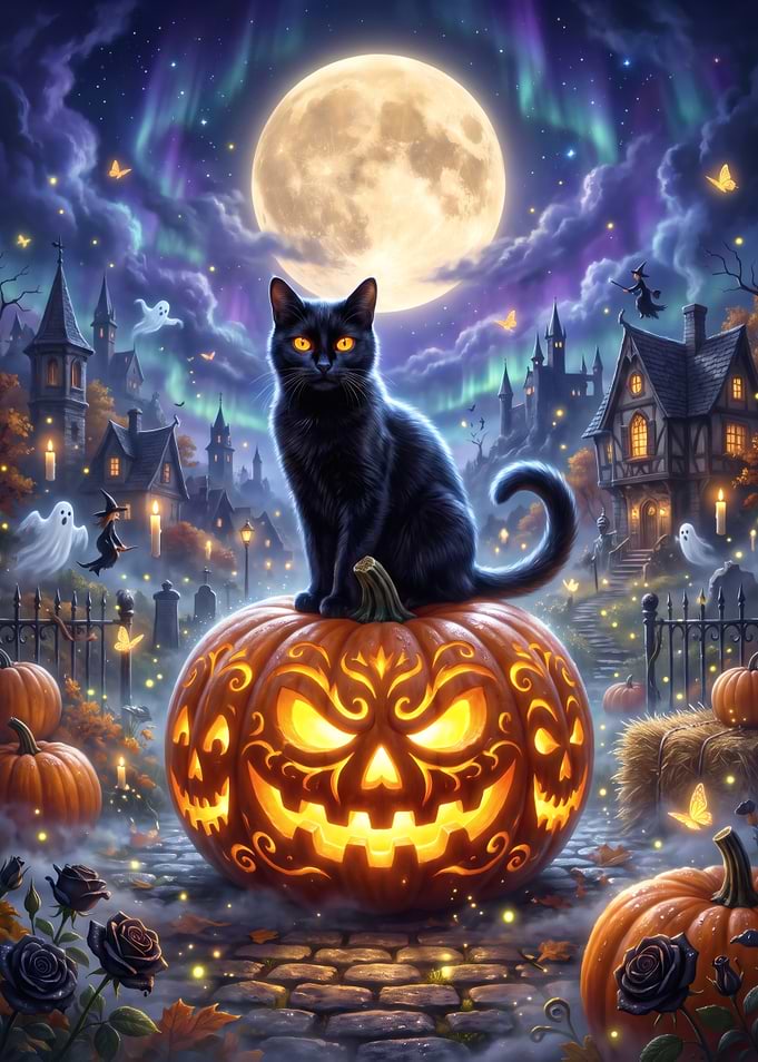 Black Cat on Halloween Pumpkin