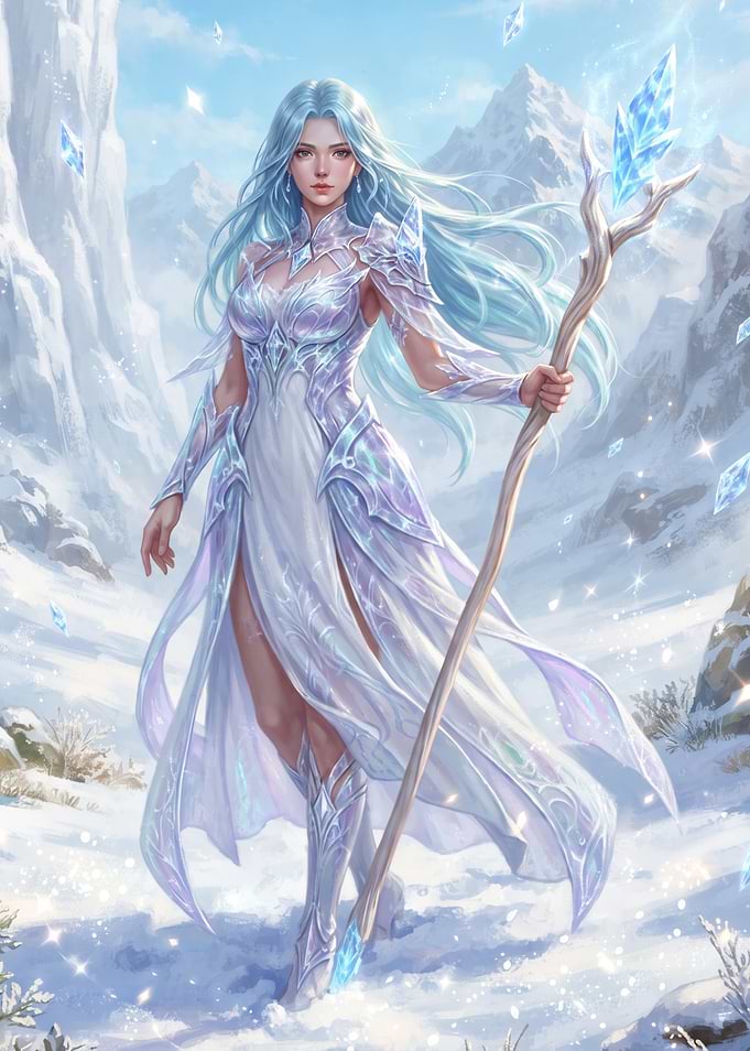 Ice Queen Sorceress in Snowy Mountains