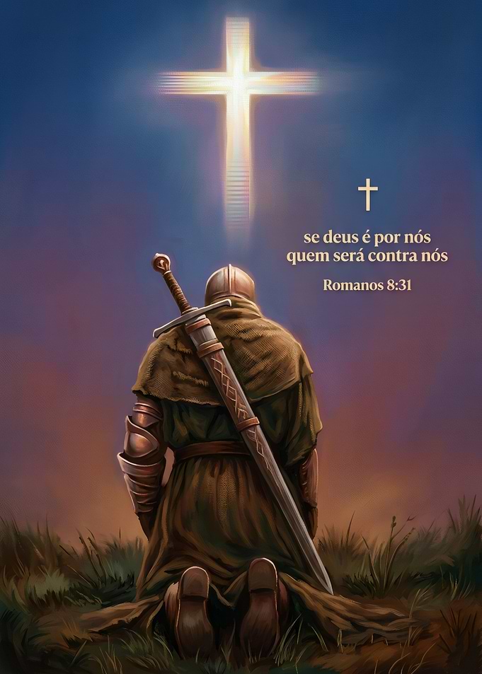 Knight Praying Before Glowing Cross