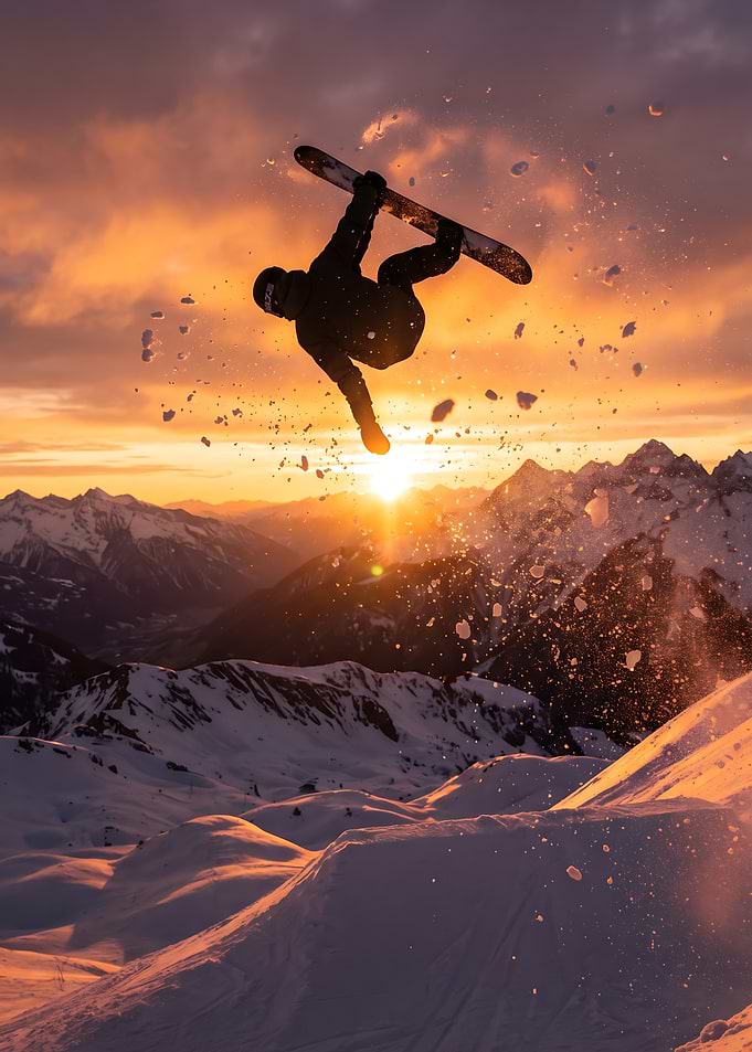 Snowboarder Jumping at Sunset