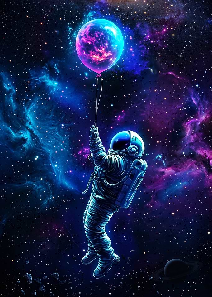 Astronaut Planet Balloon Cosmic Art