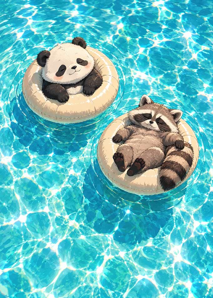 Panda and Raccoon Floating in Pool