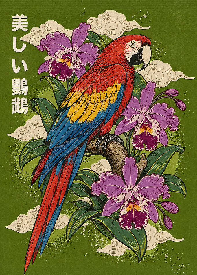 Scarlet Macaw and Orchid Illustration