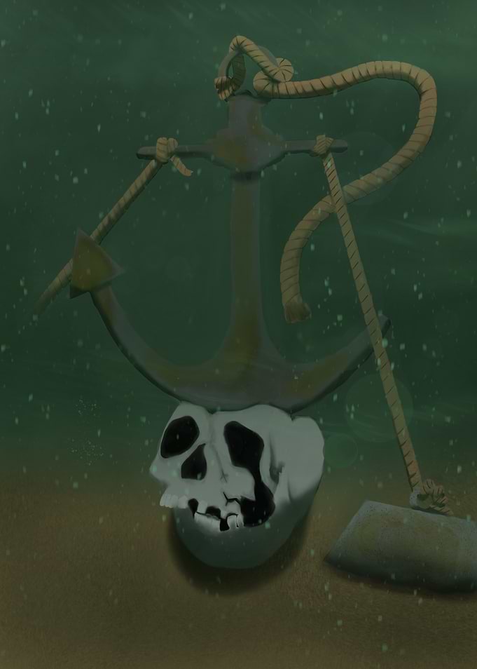 Rusted Anchor Crushing Skull Underwater