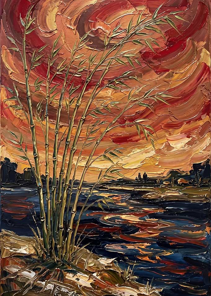 Impressionist Bamboo Sunset Oil Painting