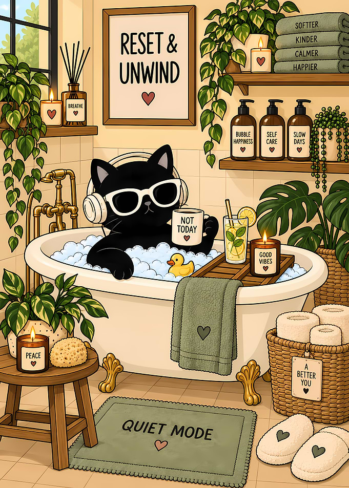 Relaxing Black Cat in Bubble Bath