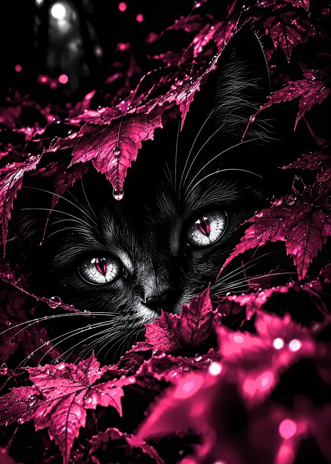 Black Cat in Pink Leaves