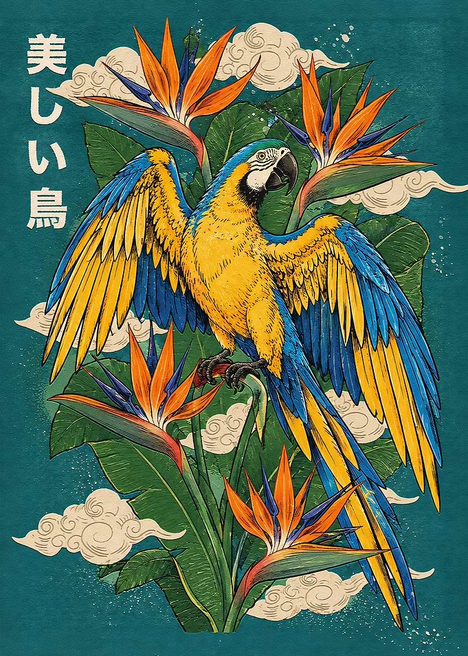 Blue and Yellow Macaw with Flowers