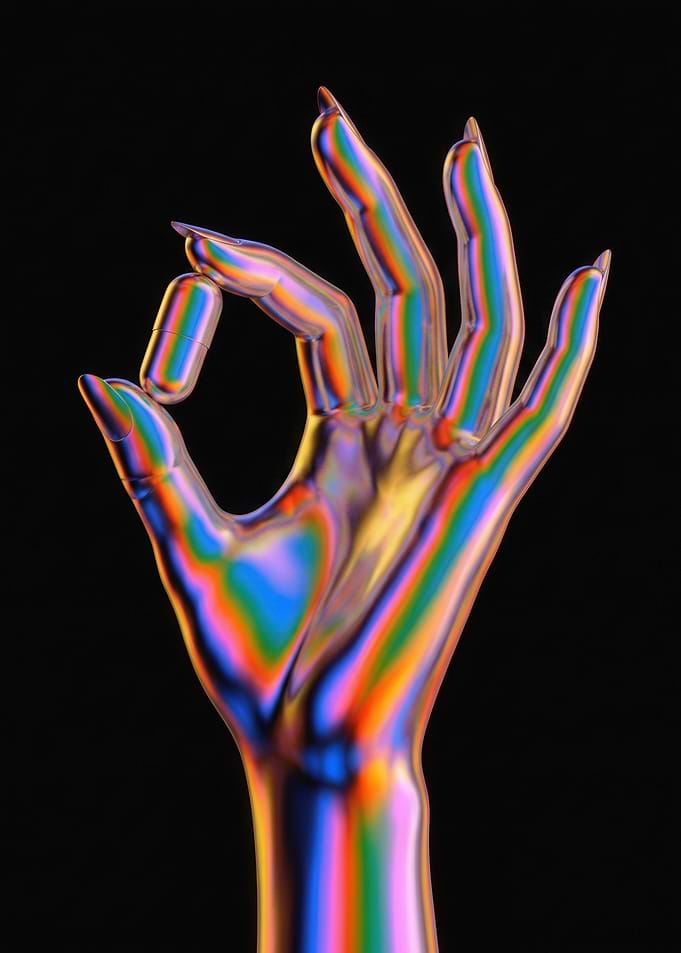 Iridescent Hand Holding a Pill